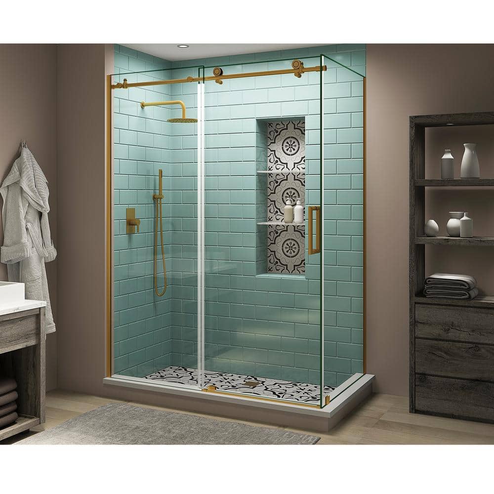 Aston Coraline XL 60 in. - 64 in. x36 in. x 80 in. Frameless Corner Sliding Shower Enclosure Clear Glass in Brushed Gold Right -  SEN984BG643680R