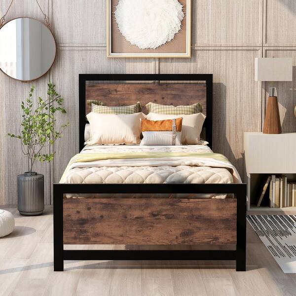 GOJANE 77.50 in. W Black Twin Size Metal and Wood Platform Bed