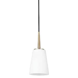 Driscoll 1-Light Modern Satin Brass Hanging Mini Pendant with Inside White Painted Etched Glass