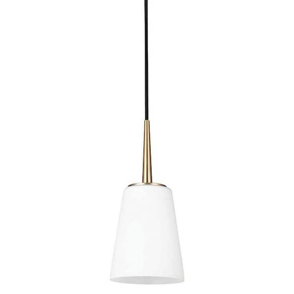 Generation Lighting Driscoll 1-Light Modern Satin Brass Hanging Mini Pendant with Inside White Painted Etched Glass