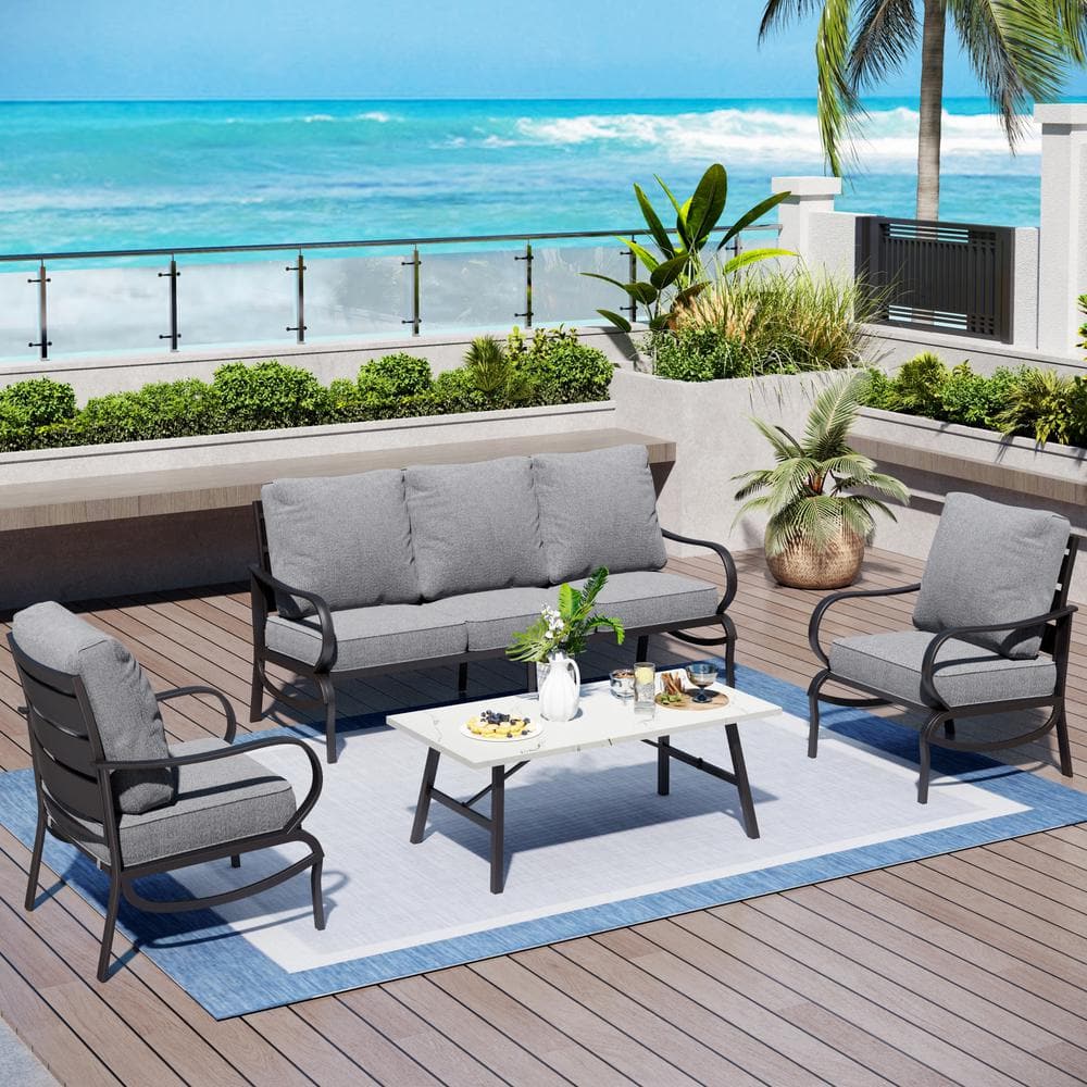 Metal Slatted 5 Seat 4-Piece Outdoor Patio Conversation Set With Gray Cushions, Table With Marble Pattern Top