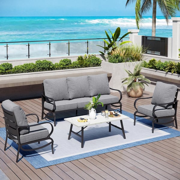 PHI VILLA Metal Slatted 5 Seat 4-Piece Outdoor Patio Conversation Set With Gray Cushions, Table With Marble Pattern Top