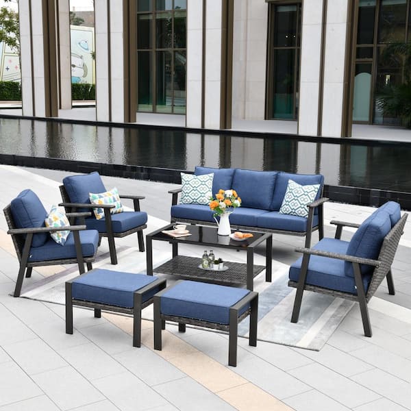 HOOOWOOO Walden Grey 7-Piece Wicker Metal Outdoor Patio Conversation Sofa Seating Set with Denim Blue Cushions