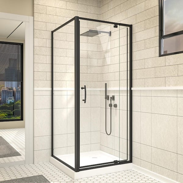 36 in. W x 71 in. H Pivot Framed Corner Shower Enclosure Shower Door in Matte Black Finish with Clear Glass (6 mm)