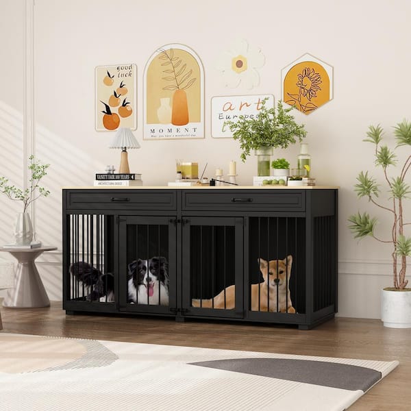 FUFU&GAGA Large Dog Crate Furniture, 64.6 in. Wooden Dog Crate Kennel with 2 Drawers and Divider for Medium or 2 Small Dogs, Black
