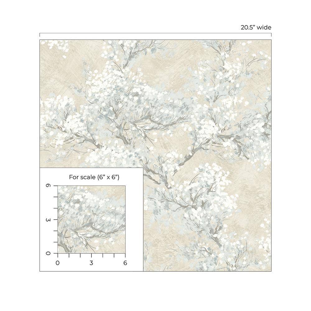 Parchment & Morning Fog Vinyl Floral Peel and Stick Wallpaper