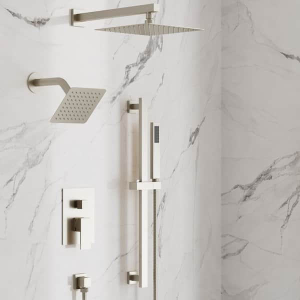 3-Spray 10 and 6 in. Wall Mount Dual Shower Heads and Handheld Shower Head in Brushed Nickel (Valve Included)
