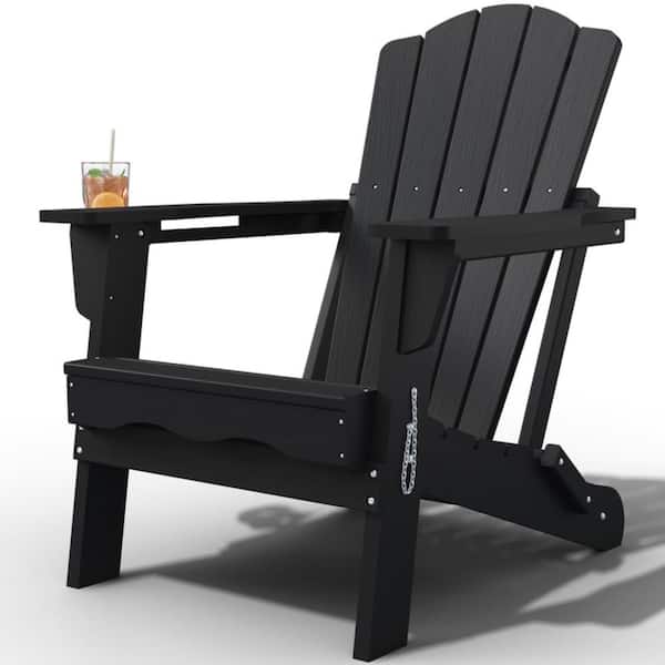 erinko Thoeoe Black HDPE Outdoor Folding Adirondack Chair with Cup Holder
