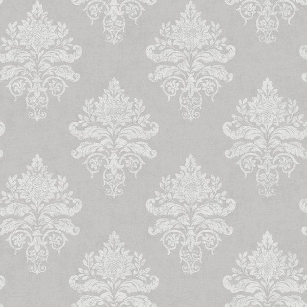 Unbranded Palazzo 2 Collection Silver/White Medallion Damask Vinyl on Non-Woven Non-Pasted Wallpaper Sample