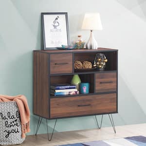 Walnut Sideboard Storage Cabinet Multipurpose Display Unit with Metal Leg and Drawers