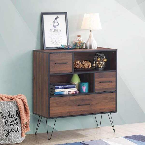 Walnut Sideboard Storage Cabinet Multipurpose Display Unit with Metal Leg and Drawers