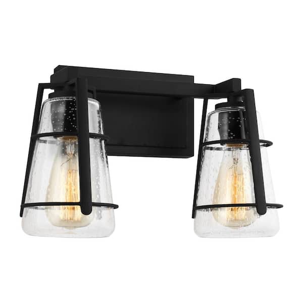 Adelaide 14.5 in. 2-Light Matte Black Craftsman Transitional Bathroom Vanity Light with Clear Seeded Glass Shades