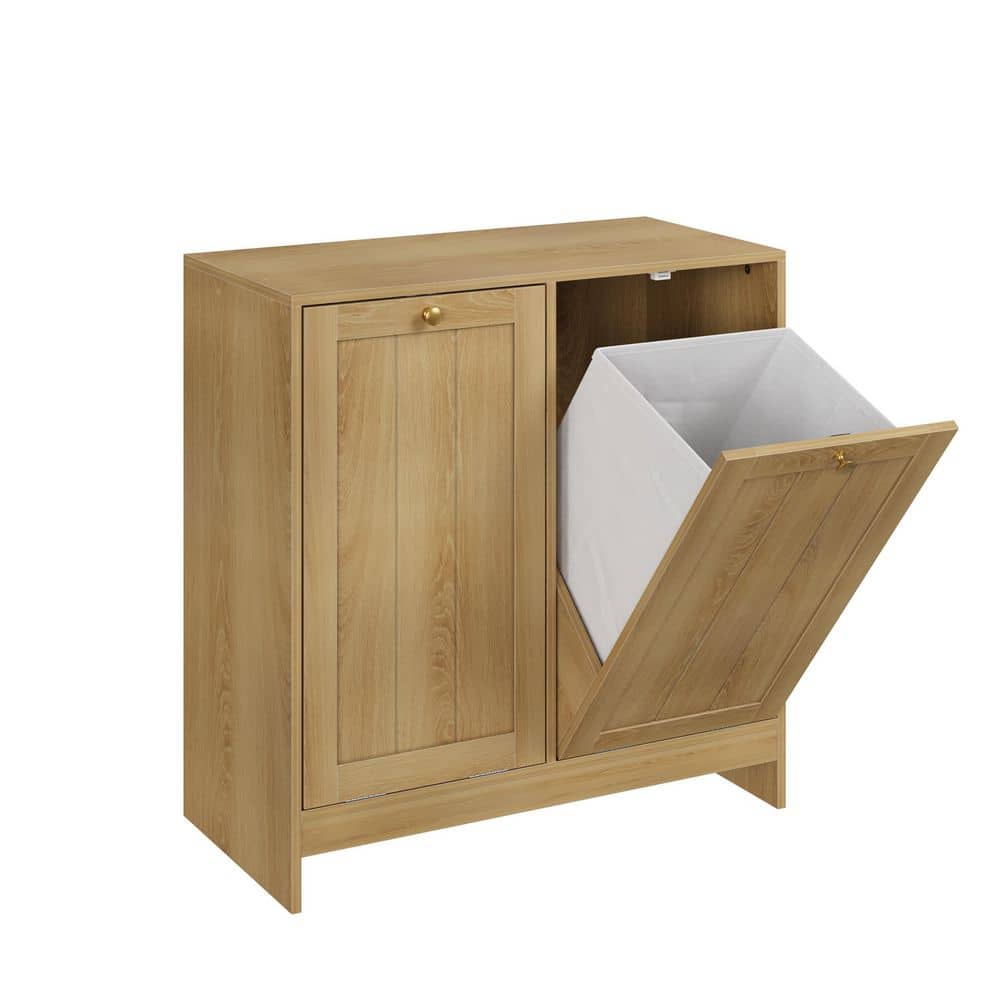 Hidden Laundry Hamper Cabinet with Tilted Removable Basket in Oak