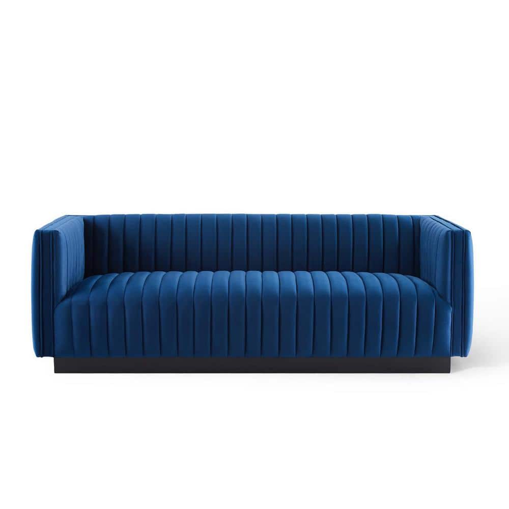 Elegant Navy Velvet Tufted Tuxedo Sofa with Solid Wood Base