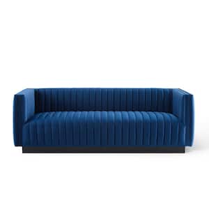 Conjure 84 in. Navy Channel Tufted Velvet 3-Seater Tuxedo Sofa with Square Arms