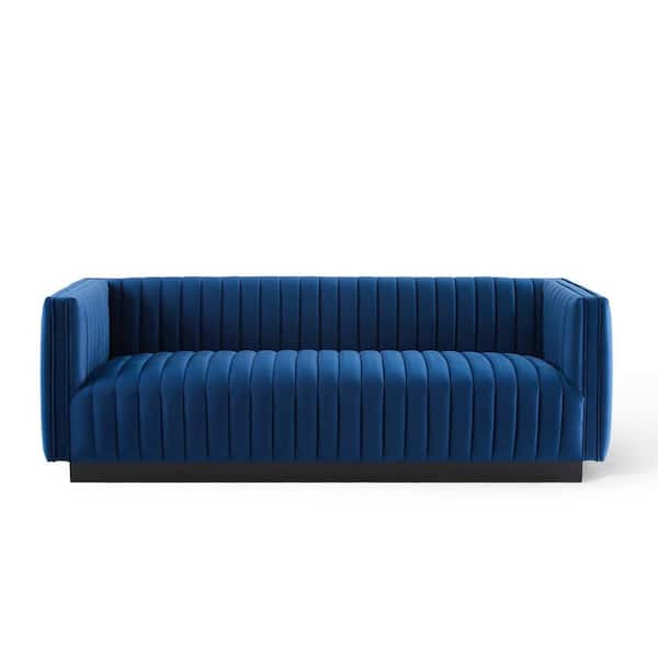MODWAY Conjure 84 in. Navy Channel Tufted Velvet 3-Seater Tuxedo Sofa with Square Arms