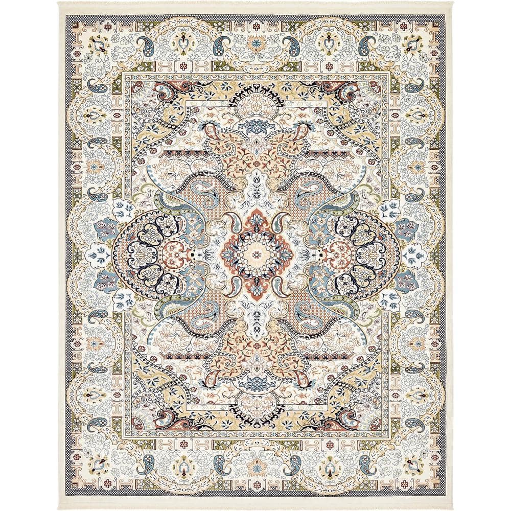 Ivory and Multicolor 8' x 10' Synthetic Rectangular Area Rug