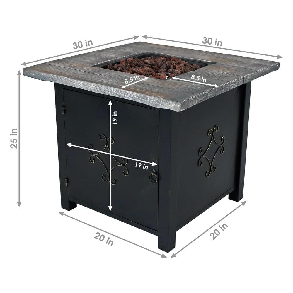 30-Inch Square Black and Gray Stone Propane Fire Pit Table
