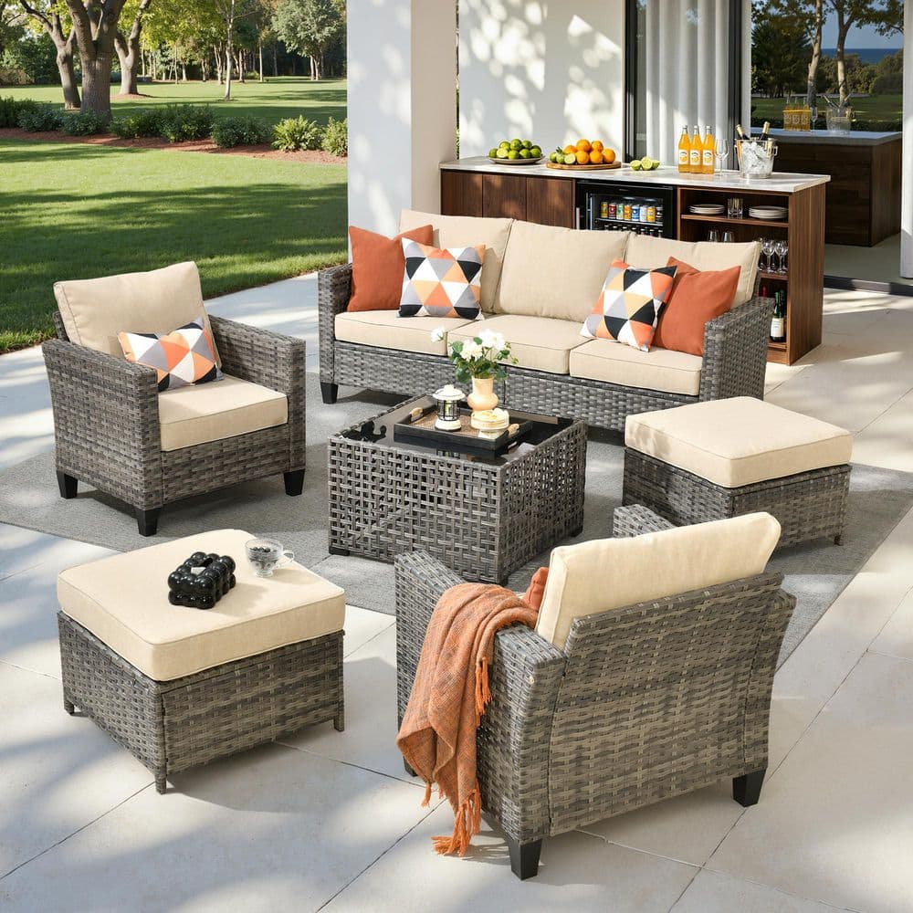 Mirada 6-Piece All-Weather Wicker Outdoor Patio Conversation Sofa Set with a Solar-Lighted Table and Beige Cushions price history on PriceWatchPro