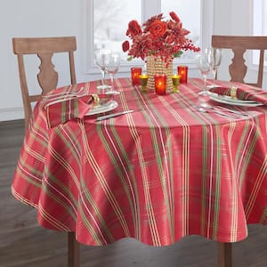 70 in. Round, Red/Green Shimmering Plaid Holiday Christmas Tablecloth