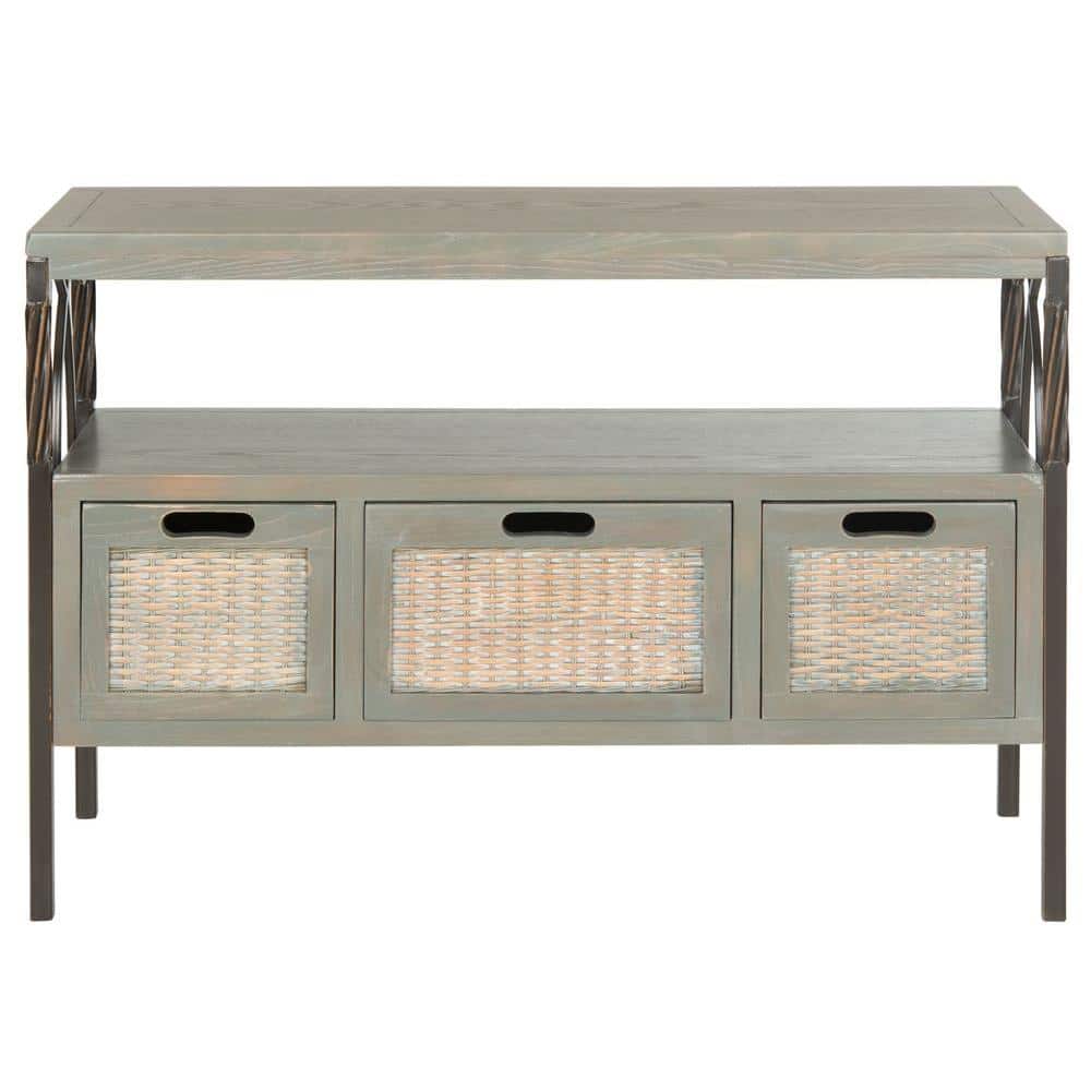 Transitional Gray 3-Drawer Console Table with Wicker Accents