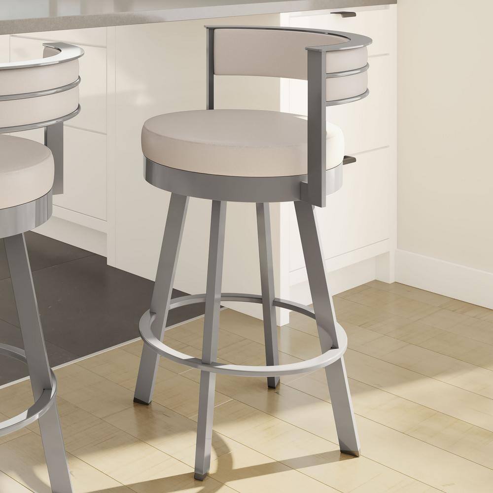 Beige Faux Leather Swivel Bar Stool with Metallic Frame