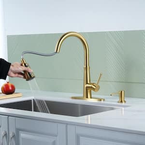 Single Handle Pull Down Sprayer Kitchen Faucet with 3-Function Sprayer and Soap Dispenser in Gold