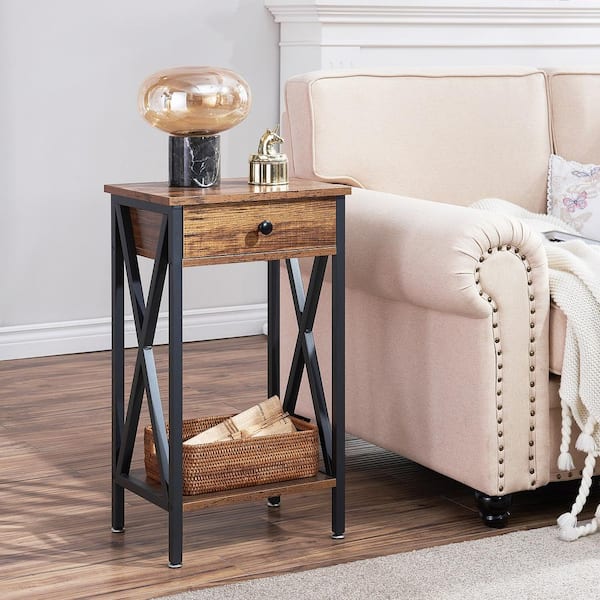 VECELO Brown Modern End Side Table with Storage Space 1-Drawer and X ...