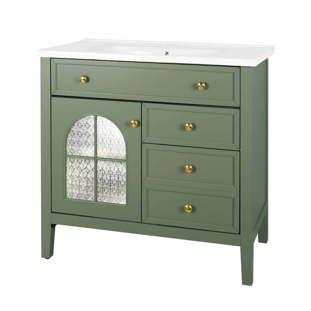 35.6 in. W x 18.7 in. D x 35 in. H Freestanding Bath Vanity in Green with White Ceramic Top price history on PriceWatchPro