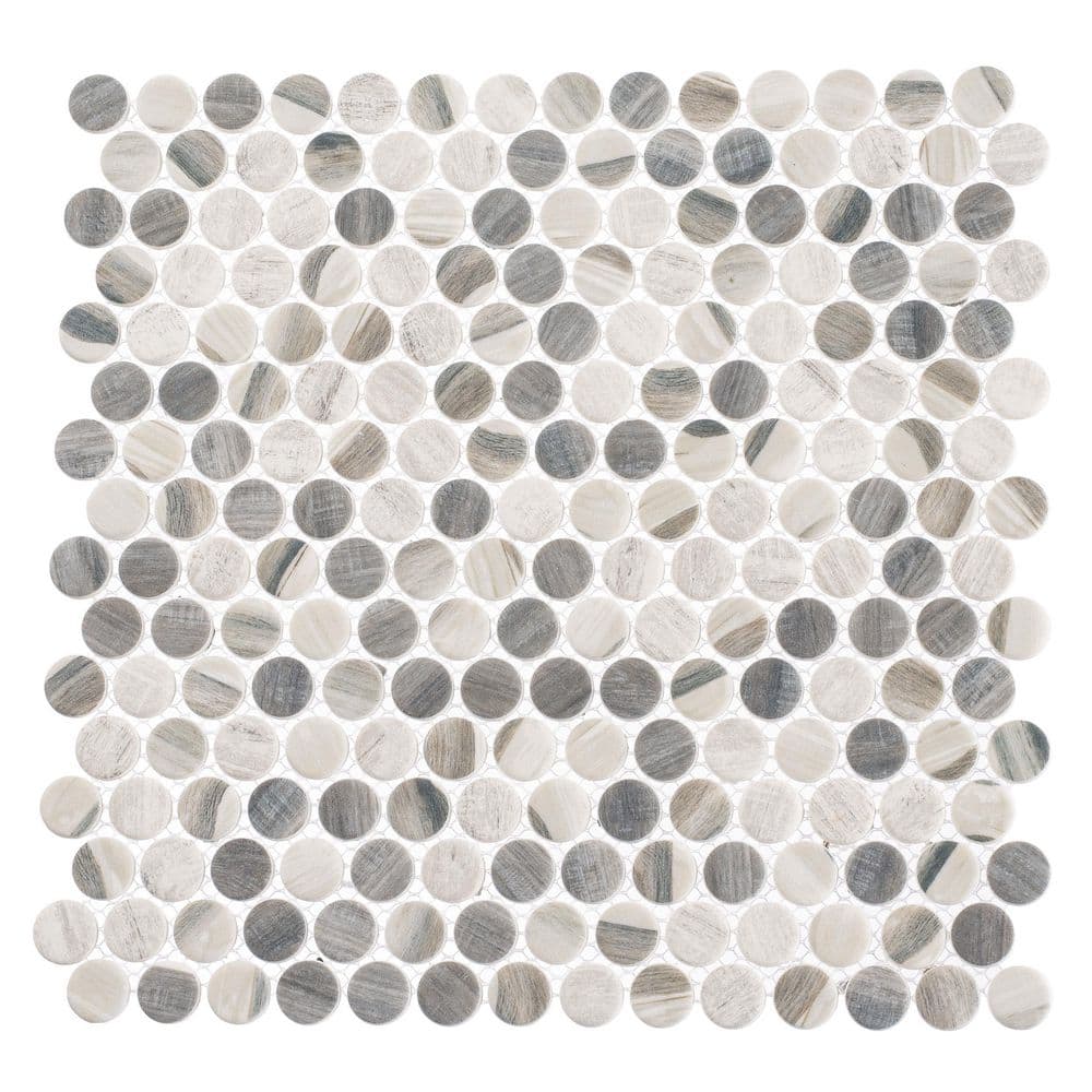 Rei White and Gray Glass Penny Round Mosaic Tile Sample