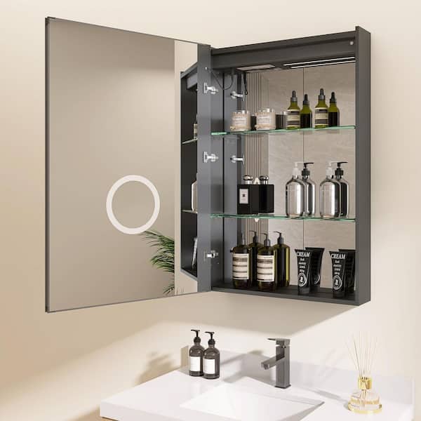 SLJ 24 in. W x 36 in. H Rectangular Black Aluminum Recessed/Surface Mount Medicine Cabinet with Mirror and LED