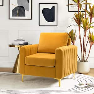 Ennomus Mustard Velvet Cushion Back Club Chair Arm Chair Arm Chair with Golden Metal Legs and Track Arms