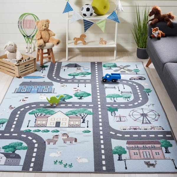 Kids Playhouse Blue/Dark Gray 5 ft. x 5 ft. Machine Washable Novelty Animal Print Square Area Rug