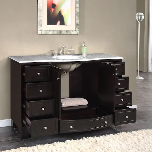 Silkroad Exclusive 55-in Dark Espresso Single Sink Bathroom Vanity with Carrara White Natural Marble Top