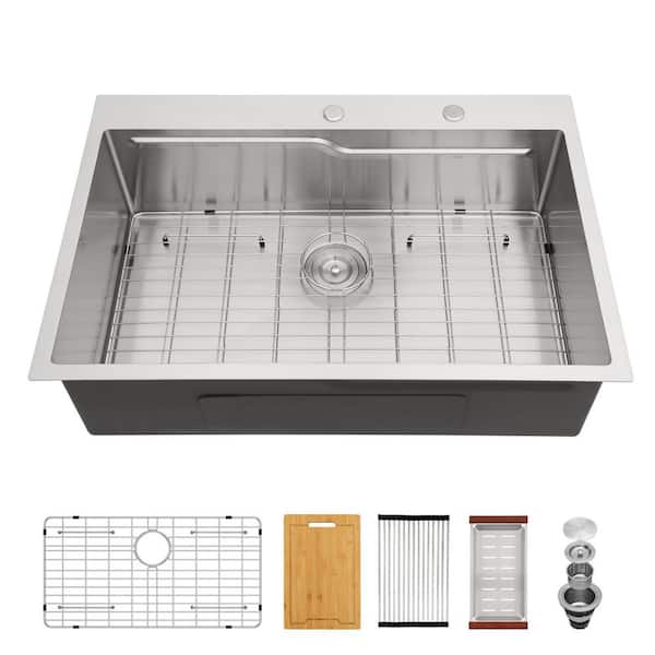 Sarlai 33 in. Drop-In/Topmount Single Bowl 16-Gauge Stainless Steel Z-Shape Workstation Kitchen Sink with Bottom Grid