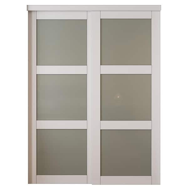 EH PUERTA 60 in. x 80 in. 3-Lites Frosted Glass MDF Closet Sliding Door with Hardware Kit