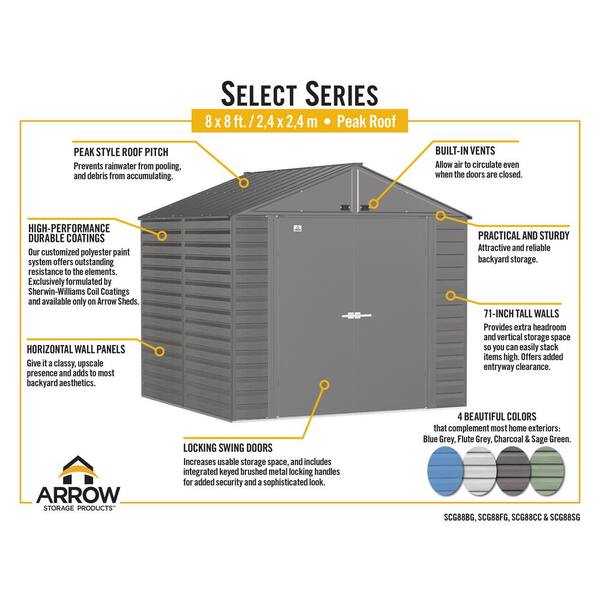 Arrow Select 8 ft. W x 8 ft. D Charcoal Metal Shed 59 sq. ft