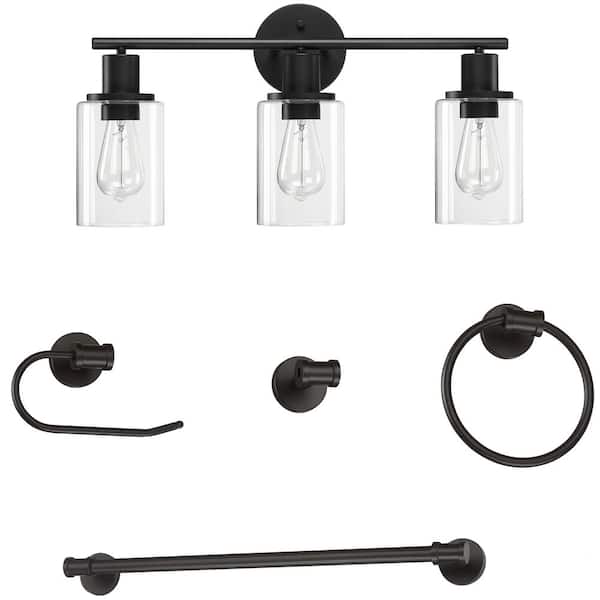 Pia Ricco 24 in. 3-Light Black Bathroom Mirror Vanity Lighting with Bathroom Hardware Set