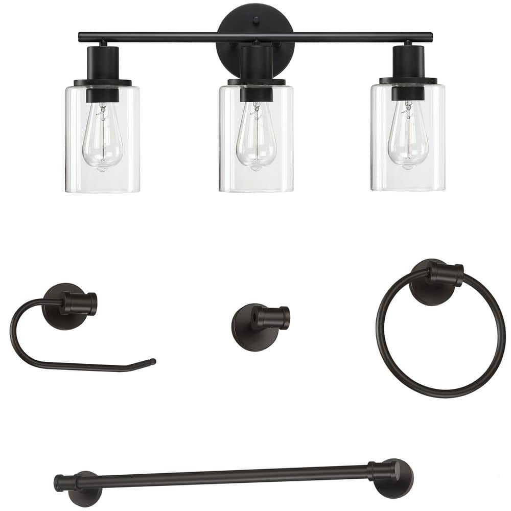 Pia Ricco 23.64 in. 3Light Bronze Transitional Bathroom Vanity Light with Bathroom Set, 5Piece
