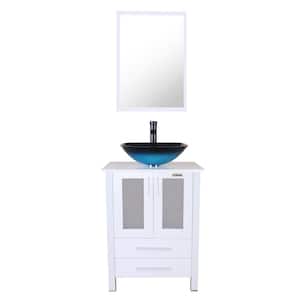 24 in. W x 20 in. D x 32 in. H Single Sink Bath Vanity in White with Turquoise Vessel Sink Top ORB Faucet and Mirror