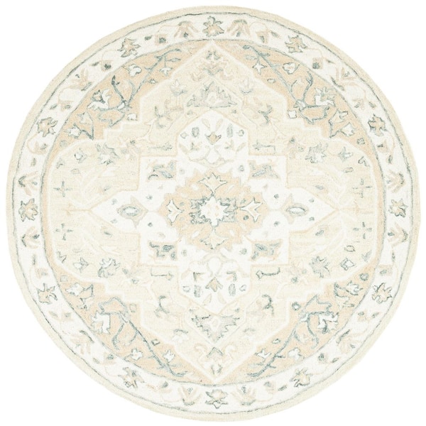 SAFAVIEH Micro-Loop Beige/Ivory Doormat 3 ft. x 3 ft. Medallion Border Round Area Rug