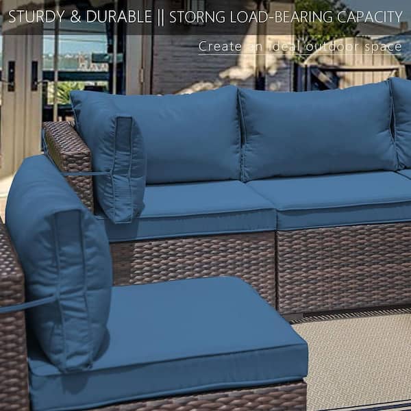 7-Piece Wicker Outdoor Patio Furniture Sectional Set with Navy Blue Cushions and Coffee Table