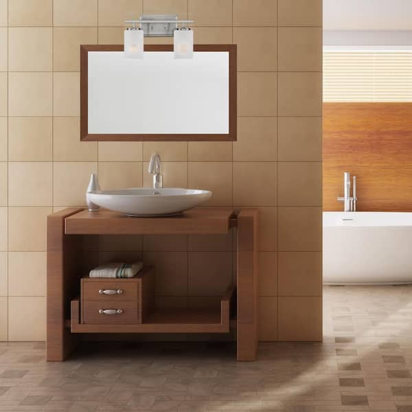 Carmine 14 in. 2-Light Brushed Nickel Modern Vanity Light with Etched Glass Shades