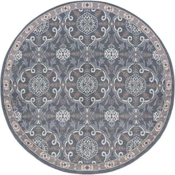 Hampton Brocade Gray 8 ft. Round Indoor Area Rug