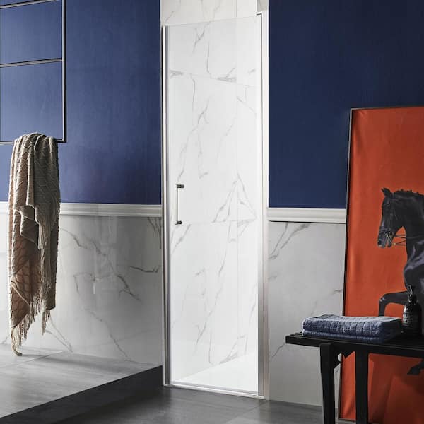 ANZZI - Lancer Series 23.4 in. x 72 in. H Hinged Frameless Shower Door in Brushed Nickel with Tsunami Guard Tempered Glass