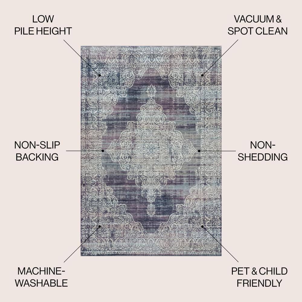 Regis Purple and Cream Medallion Washable Area Rug 8' x 10'