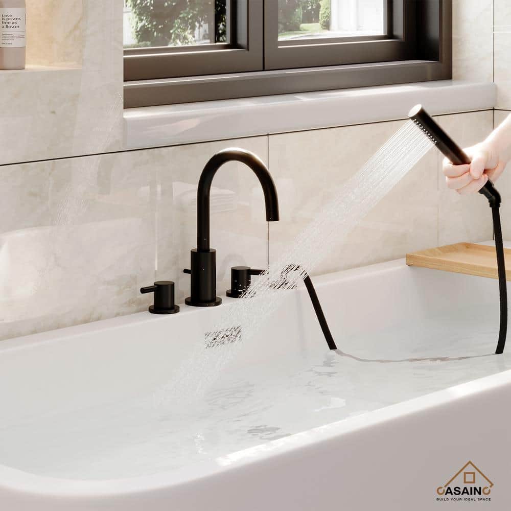 Matte Black Double Handle Deck-Mount Tub Faucet with Hand Shower