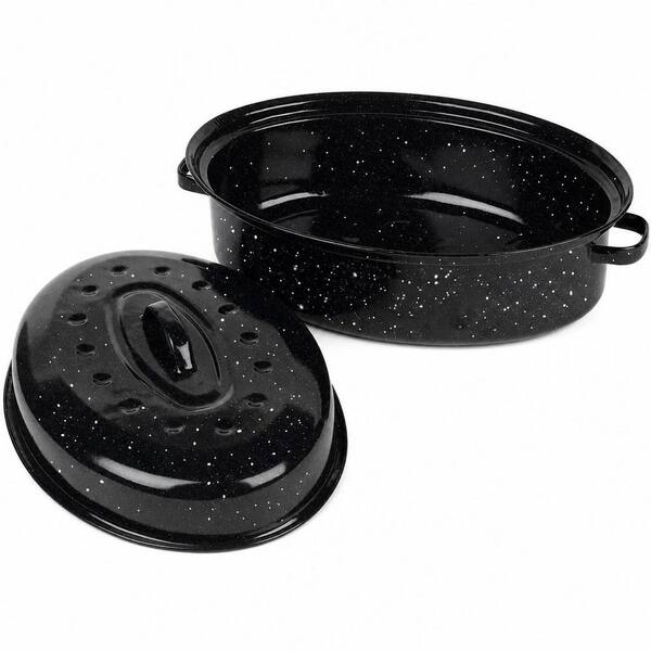 9.5 qt. Covered Oval Black Non-Stick Carbon Steel Roasting Pan with Lid for Turkey, Chicken, Meat and Vegetables