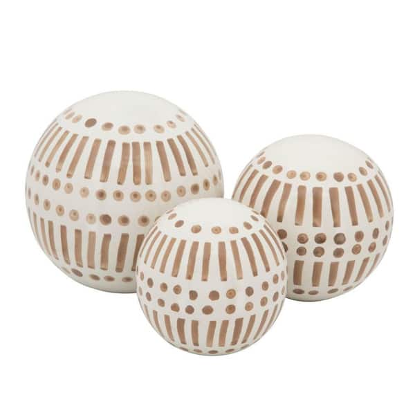 Liv & Skye Tan Stoneware Line Design Orbs (Set of 3)