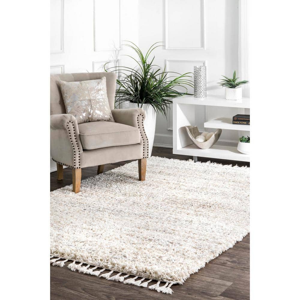 Ivory Plush Braided Tassel Shag Area Rug, 6'7" x 9'